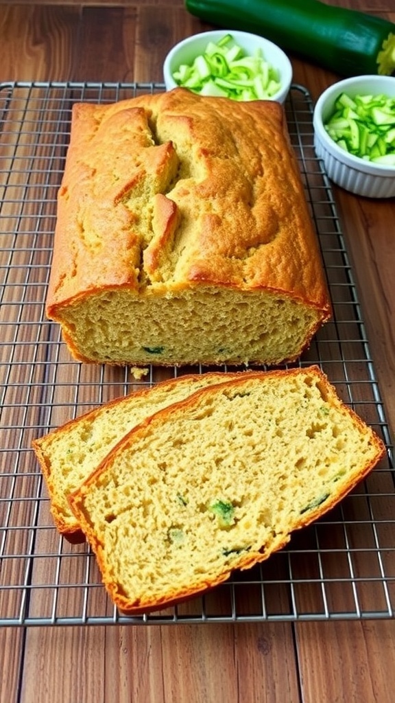 A loaf of zucchini bread on a wire rack with slices cut, showcasing its moist texture and flecks of zucchini.